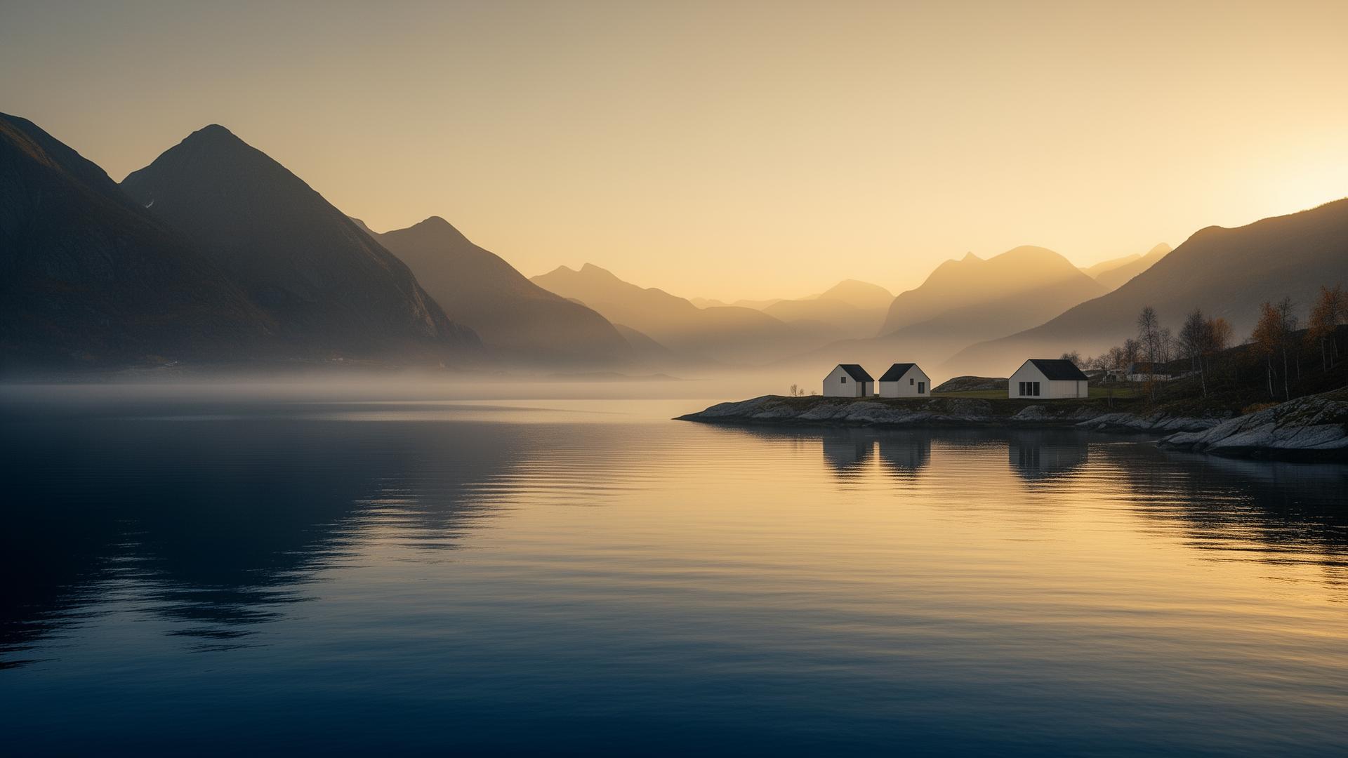 Nordisk fjord i gryningens ljus